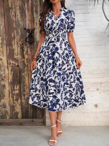 SHEIN Clasi Abito da spiaggia con maniche a sbuffo e stampa floreale all-over, adatto per vacanze e uso casual