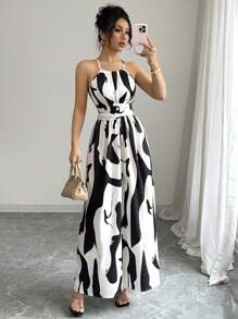 Elenzga Vestido de línea A con estampado gráfico en blanco y negro, con hombros abiertos, nudo retorcido y escote de halter, elegante para primavera/verano de las mujeres