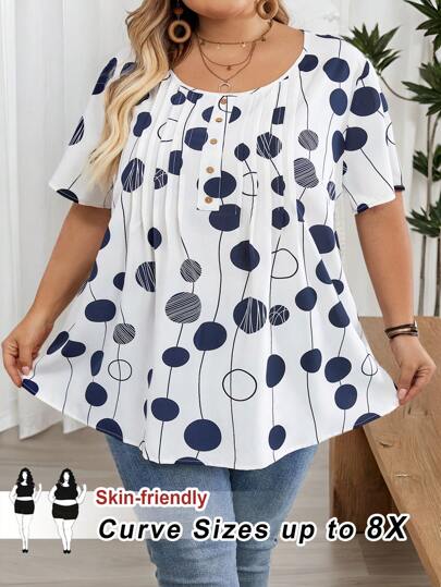 SHEIN CURVE+ Plus Size Women's Summer Polka Dot Printed Round Neck Short Sleeved Shirt