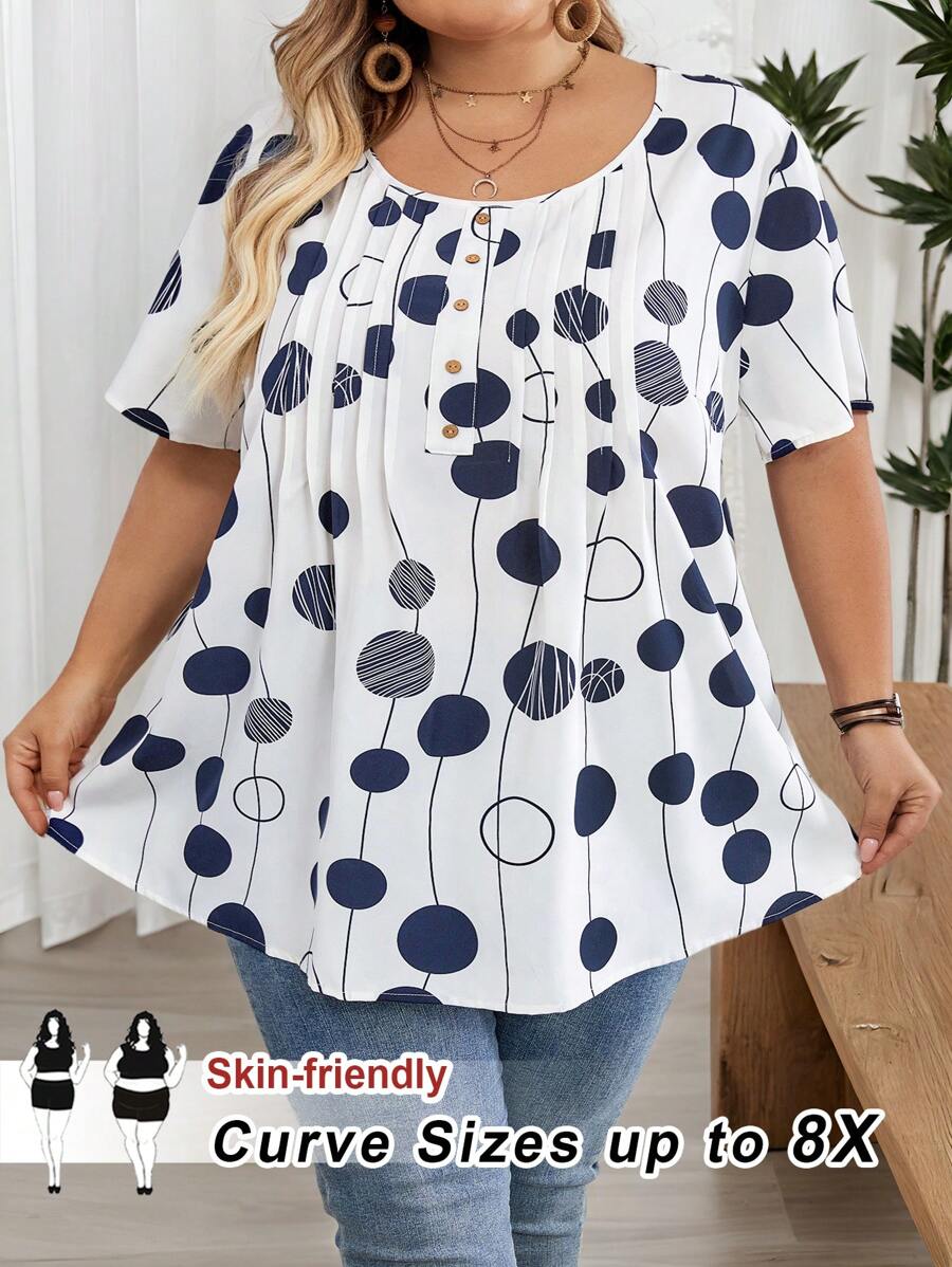 SHEIN CURVE+ Plus Size Women's Summer Polka Dot Printed Round Neck Short Sleeved Shirt - Multicolor - View 1