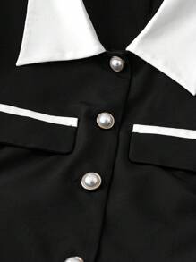 Rometta Bộ đồ 2 món cỡ lớn cho nữ, áo crop top tay bồng màu tương phản cài nút cổ bẻ và chân váy xếp ly chữ A, mùa xuân/hè - màu đen - Xem 4