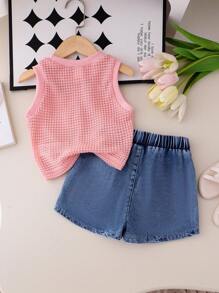 SHEIN Elladie kids 女童钩针镂空打底衫，蓝色牛仔短裤，甜美无袖玫瑰红蝴蝶结背心，夏季户外度假两件套 - 粉色 - 查看 2