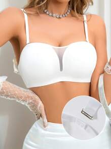 NudeFit 1pc Seamless Solid Color Wireless Adjustable Strap Removable Padded Net Insert Women Wedding Casual Comfort Bra - White - View 4