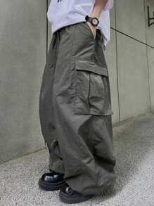 Manfinity EMRG 男士裤子，复古日式大口袋修身工装裤，可调节下摆伞兵灰色裤子