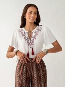Florisole Women's Boho Tie Neck Blouse With Delicate Embroidery, Short Sleeves, Regular Length - White - View 6