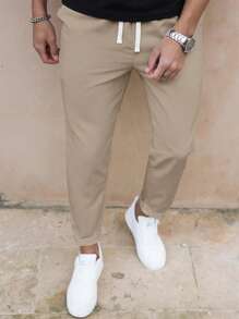 Manfinity Homme Men's Solid Color Casual Slim Fit Straight Leg Pants, Fall Khaki - Khaki - View 3