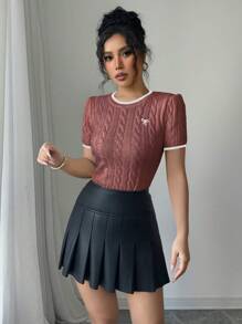 Elenzga Women's Crew Neck Bow Embroidery Short Sleeve Knit Top - Redwood - View 3