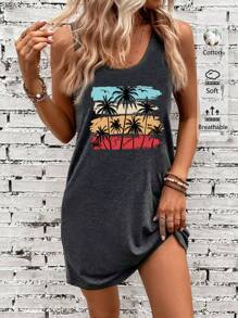 SHEIN LUNE Semplice vestito estivo casual con stampa di palme, adatto per le vacanze
