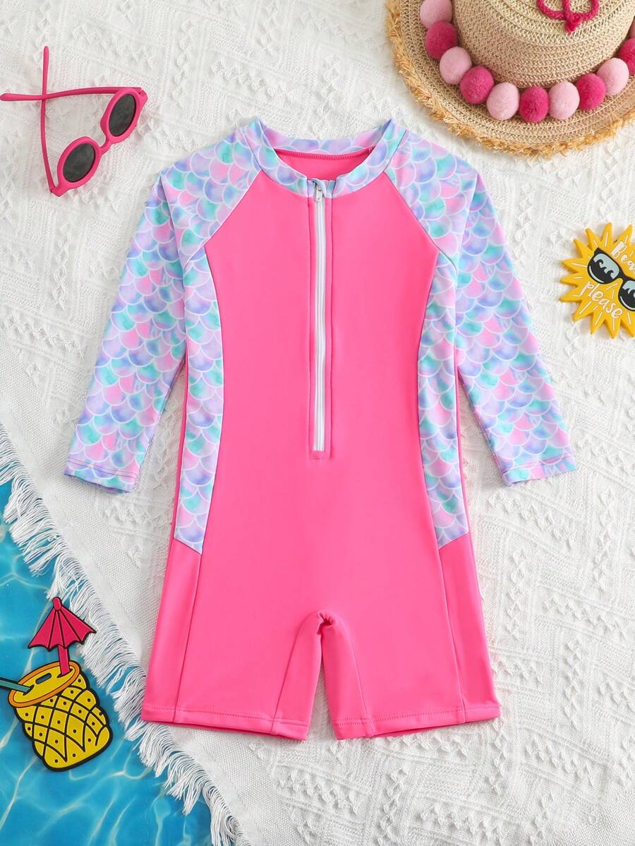 Young Girls Fish Scale Print Splice One-Piece Swimsuit, Beach Holiday - Pink - View 1