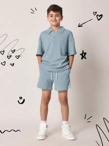 SUMWON Kids Textured Waffle Knit Polo Co-Ord Set Summer Beach Holiday Short Sleeve Athletic Sport Wear Leisure Outfit - Baby Blue - View 1