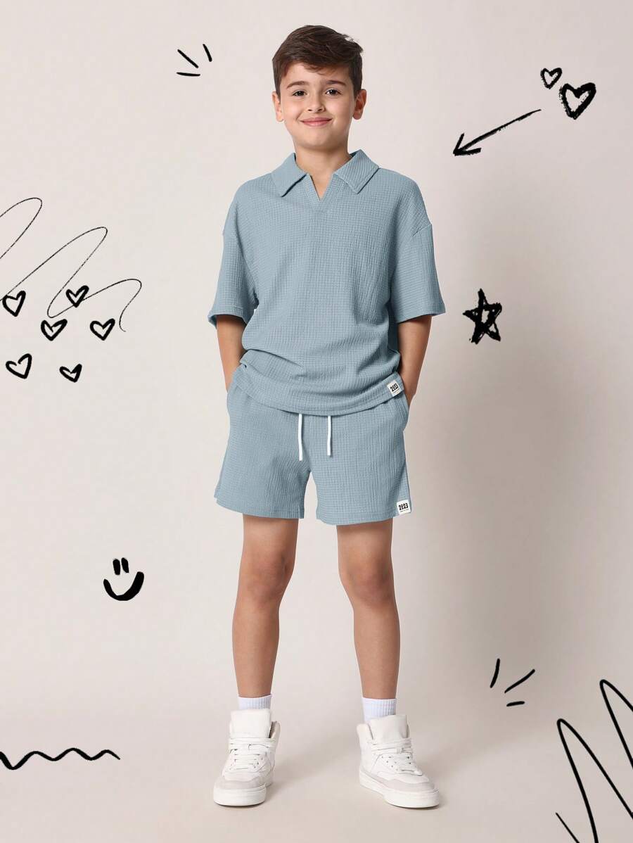 SUMWON Kids Textured Waffle Knit Polo Co-Ord Set Summer Beach Holiday Short Sleeve Athletic Sport Wear Leisure Outfit - Baby Blue - View 1