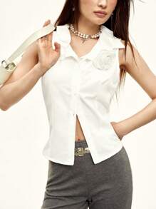 Rina Fox Élégante blouse sans manches de navetteur avec décor floral 3D de couleur unie - Blanc - Voir 3