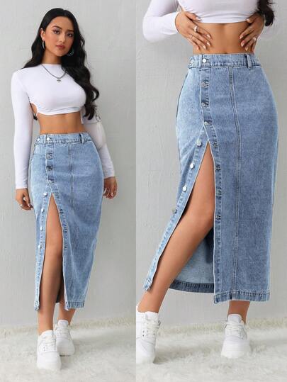 SHEIN Tall Falda vaquera de mujer, casual y holgada, con abertura lateral, azul, midi, para mujeres altas, falda azul claro, falda azul, ropa de invierno para mujer