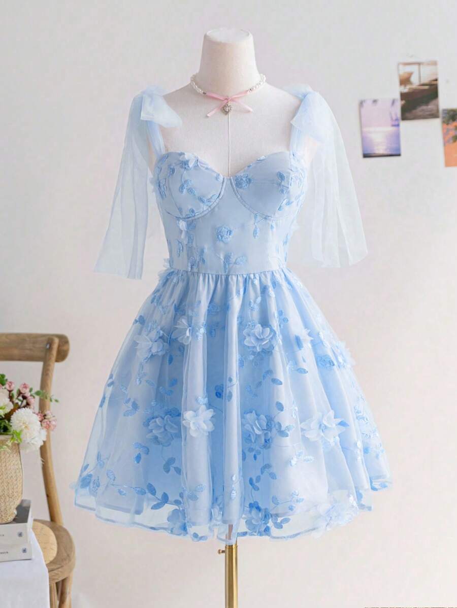 Soleia Vacation Women Romantic Floral Printed Mesh Layered Bowknot Mini Dress With A-Line Silhouette, Fit For Afternoon Tea Or Date,Summer Dresses For Women - Baby Blue - View 1