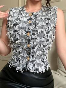 DAZY 女士优雅休闲约会夜无袖流苏仿皮草背心衬衫，夏季 - 黑與白 - 查看 9