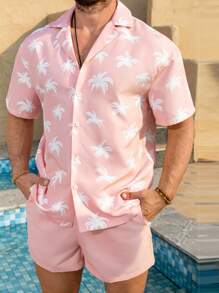 Manfinity Swimmode Men's Casual Beach Set Short Sleeve Shirt & Shorts, Simple & Fashionable For Daily Wear Men Swim Trunks,Hawaiian