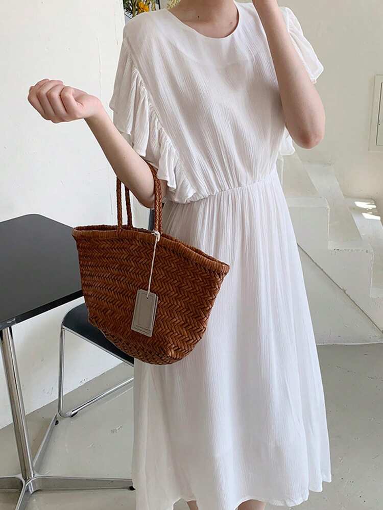Women's Solid Color Round Neck Ruffle Sleeve Long Dress, White, Elegant Spring/Summer,Casual Women Dresses