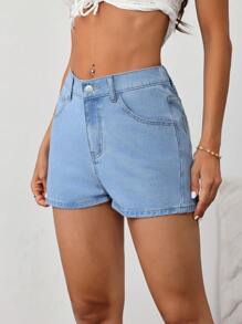 SHEIN Tall 女士牛仔短裤，休闲修身款式，带蝴蝶结细节，蓝色