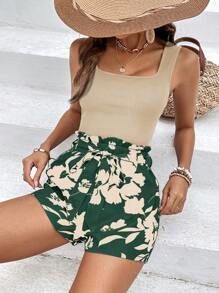 SHEIN Frenchy 2pcs/Set Women's Vacation Solid Square Neck Vest Top And Floral Print Shorts - Multicolor - View 4