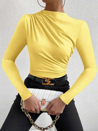 SHEIN PETITE تي شيرت كاجوال بلون موحد مجعد بأكمام طويلة بقصة ضيقة ملابس خريفية للنساء ،النساء الصغيرات