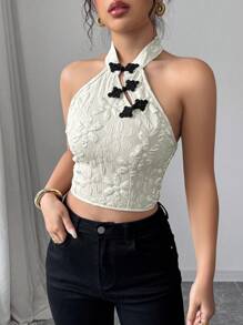 Elenzga Áo hở vai thiết kế nút hoa jacquard dành cho nữ - trắng - Xem 6