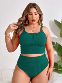 Swim Lushoire 2pcs Plus Size Women Solid Color Casual Vacation Spaghetti Strap Camisole Bikini For Summer - Green - View 5