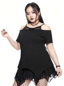 ROMWE Goth Große Größen Sommer Strandkonzert T-Shirt, Damen Rave T-Shirt Festival Streetwear Gotischer mysteriöser Katze Stern Totenkopf Muster asymmetrischer Saum Carmen-Bluse Off-Shoulder Spitzen Camisole Schwarz T-Shirt