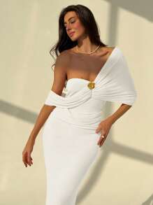 Aloruh Women's Metal Floral 3D Decor Draped Elegant Dress