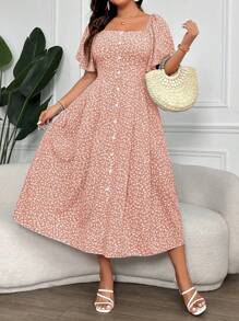 SHEIN Clasi Đầm Maxi Cổ Vuông In Hoa Cỡ Lớn Cho Nữ Trang Phục Nữ - Màu Hồng baby - Xem 6