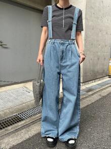 FRIFUL Women's Casual Long Denim Wide Leg Jeans With Zipper Detail Overalls - Blue - View 3