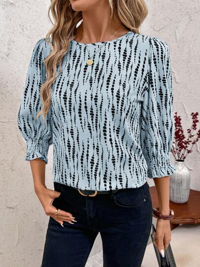 SHEIN Clasi Women's Casual Baby Blue Woven Fabric Blouse With Shirred Details And Three-Quarter Sleeves