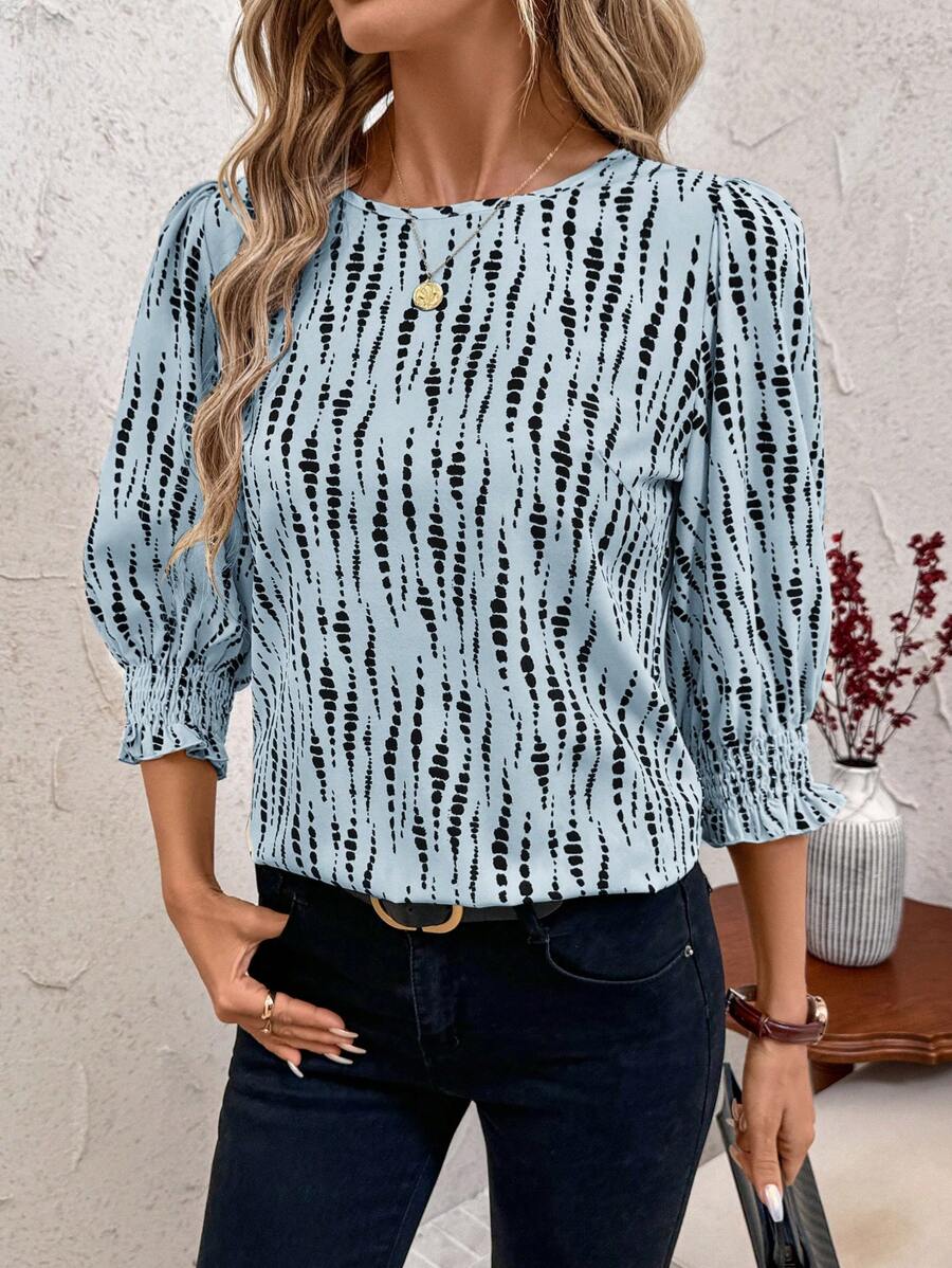 SHEIN Clasi Women's Casual Baby Blue Woven Fabric Blouse With Shirred Details And Three-Quarter Sleeves - Baby Blue - View 1