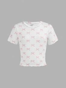 SHEIN Tween Girl Cute Butterfly Print Crew Neck Ruffle Detail Fitted Pink T-Shirt - Apricot - View 6