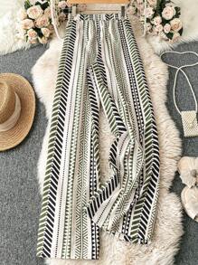 SHEIN LUNE 度假休闲满版印花松紧腰阔腿裤 - 軍綠色 - 查看 2