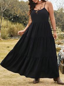 SHEIN LUNE Plus Size Women Sleeveless Black Adjustable Backless Cinched Waist Waist Casual Vacation Dress