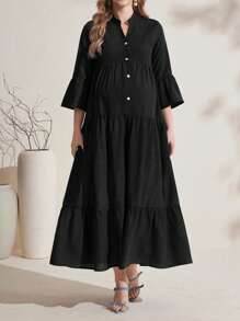 SHEIN 孕妇长款宽松拼布纽扣连衣裙 - 黑色 - 查看 3