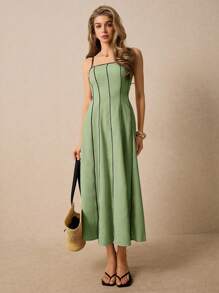 Poéselle Women's Mint Green Casual Maxi Dress: Sleeveless Spaghetti Strap Woven Fabric Flared Hem Long Dress With Contrast Stitch Detail - Mint Green - View 2