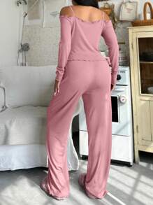 性感露肩针织上衣和裤子女士家居休闲套装舒适保暖，秋冬服装 - 藕粉色 - 查看 2