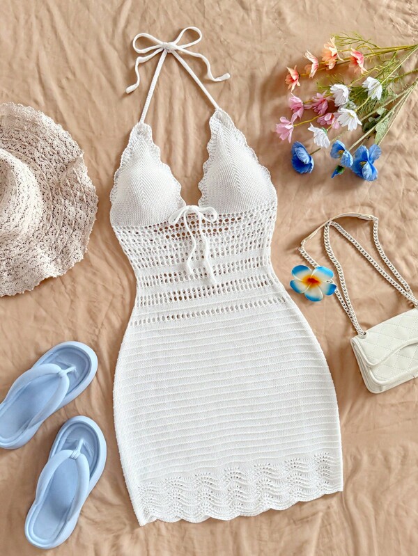 Soleia Stil european și american rochie de plajă cu bretele pentru cravată, sexy, cu spatele deschis, tricotată, pentru femei, primăvară/vară