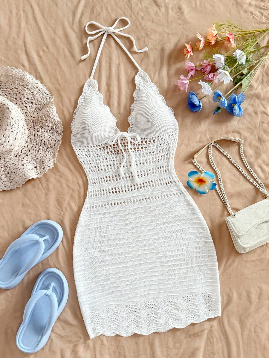 Soleia 欧美风格新款女式性感露背针织吊带镂空系带沙滩裙，春夏 - 白色 - 查看 1