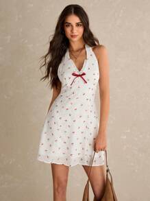 Poéselle 白色连衣裙，樱桃印花连衣裙，领口设计，红色蝴蝶结撞色，蕾丝拼接，刺绣面料，精致可爱，女士无袖樱桃印花镂空刺绣挂脖迷你连衣裙 - 白色 - 查看 2