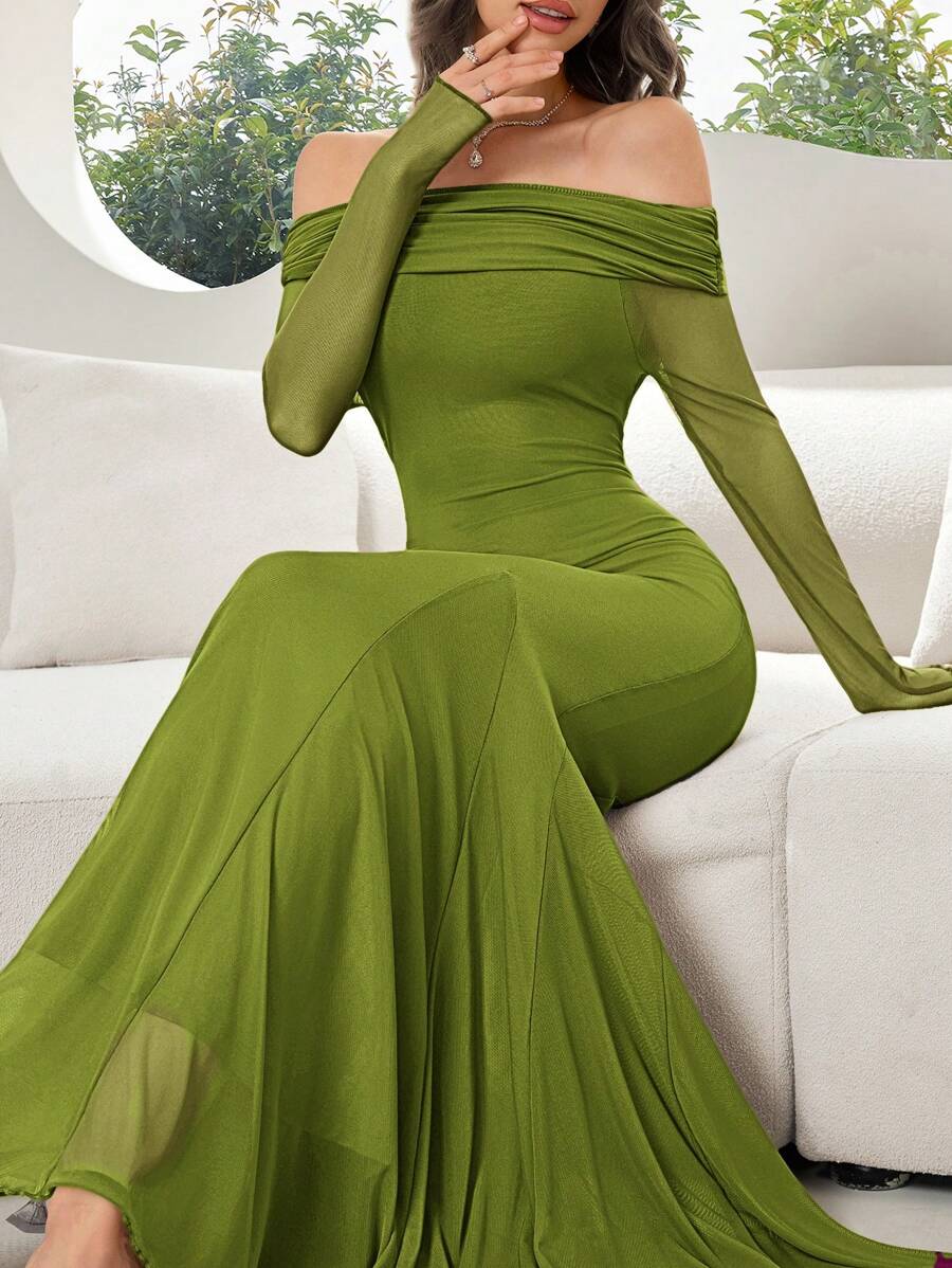 Modelyn Women's Elegant Olive Green Mermaid Long Dress With Off-The-Shoulder Neckline And Wrist-Length Sleeves - Green - View 1