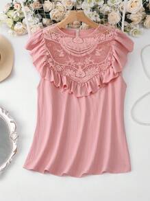 INAWLY Plus Size Vacation Casual Solid Color Embroidery Patchwork Ruffle Trim T-Shirt