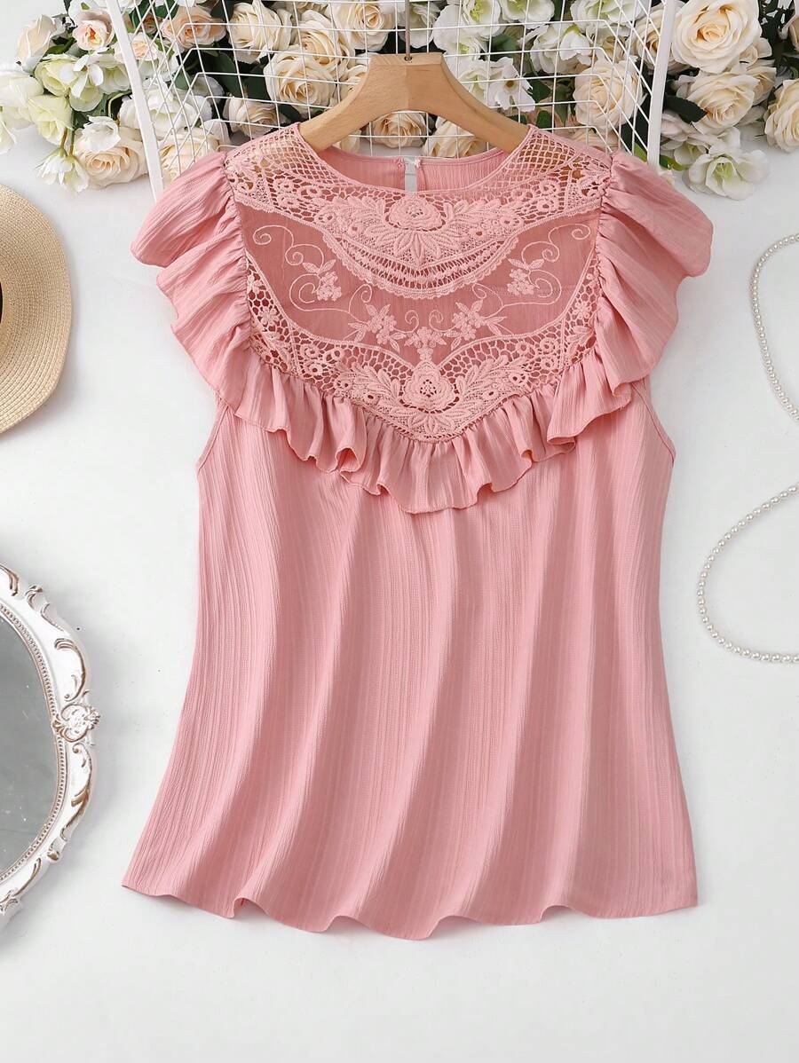 INAWLY Plus Size Vacation Casual Solid Color Embroidery Patchwork Ruffle Trim T-Shirt