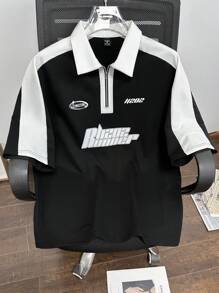 Manfinity Homme Men's Letter Print Short Sleeve Casual Commuting Polo Shirt - Black - View 3