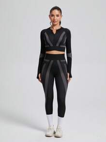 Easithlete 欧美风格运动瑜伽套装，高腰瑜伽裤和健身夹克，2件套 - 黑色 - 查看 4