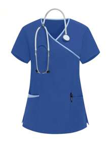 TaskEZ Contrast Color Trim Short Sleeve & Pants Scrub Uniform Set - Blue - View 6