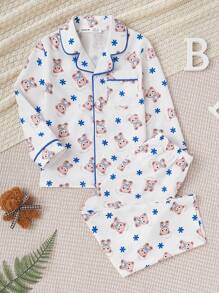 2 件套男童休闲恐龙印花长袖上衣和裤子睡衣套装