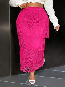 Slaydiva Elegant High-End Avocado Green Fringed Mini Skirt For Women - Hot Pink - View 6