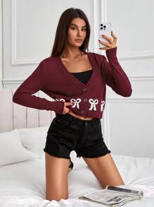 EURMUSE V-Neck Burgundy Knit Cardigan With Contrast Bow Intarsia, Button-Up Front, And Ribbed Cuffs & Hem,Cardigans For Women,Long Cardigans Woman,Petite Cardigans,Cardigans - Burgundy - View 2